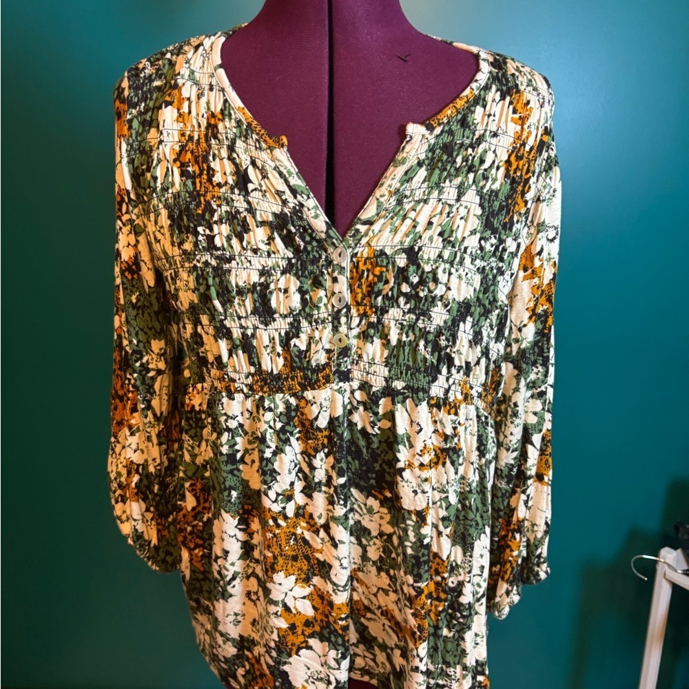 Skye's the Limit Brown and Tan Smocked Blouse with Mandarin Collar